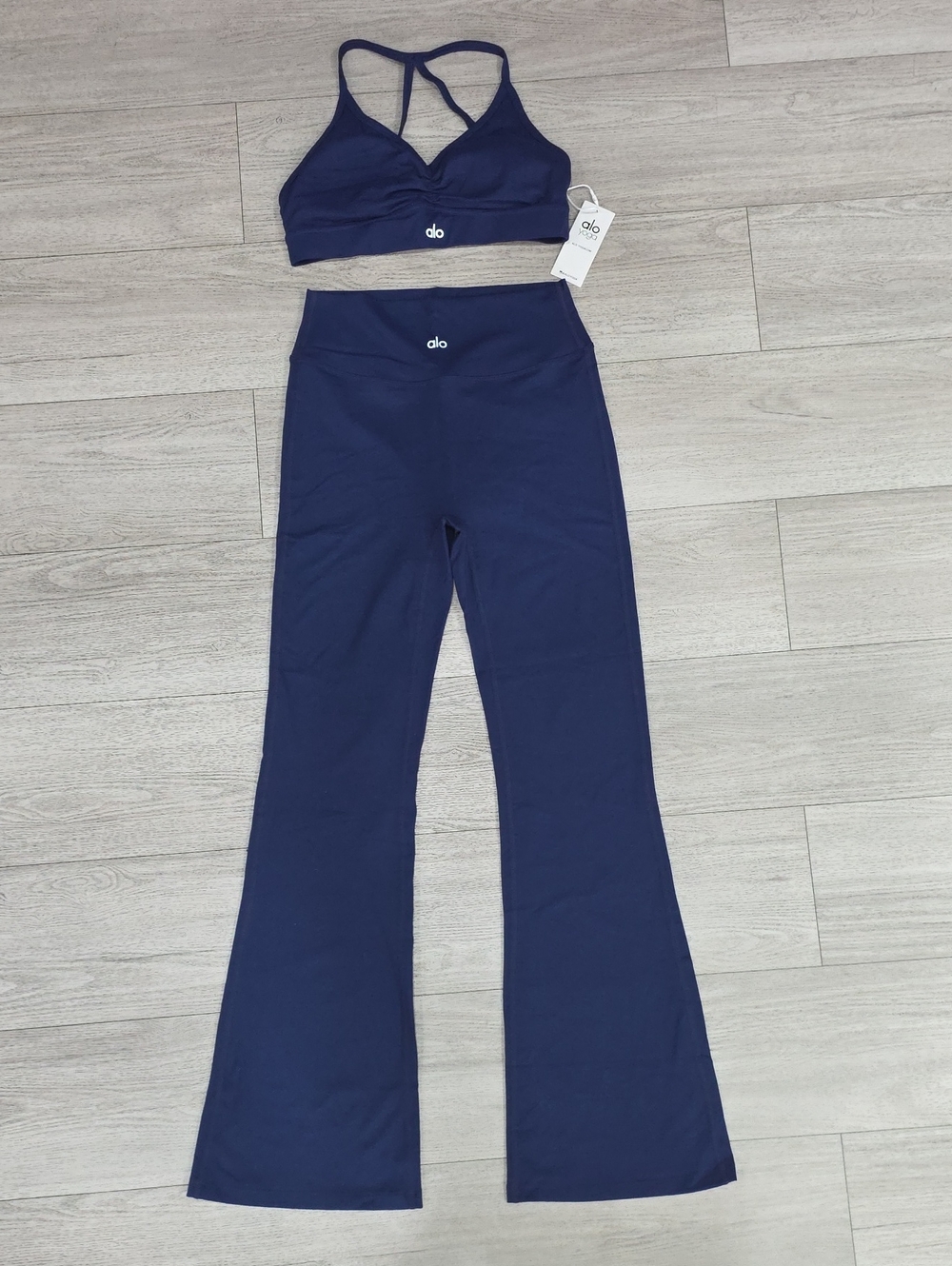 ALO Yoga Navy Boot-Cut Leggings with Strappy Sports Bra Set
